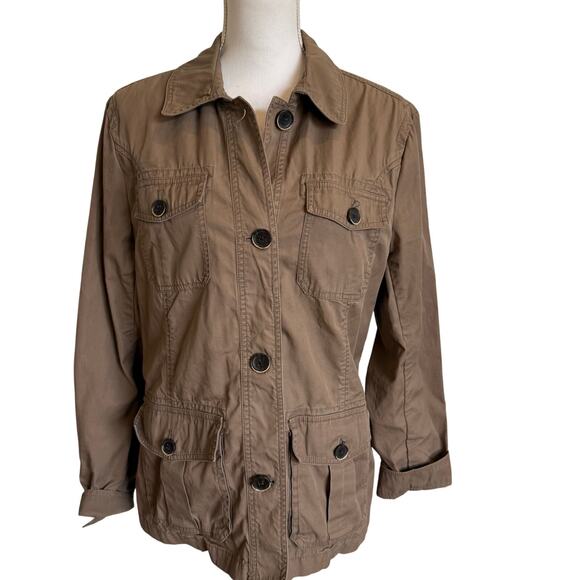 Eddie Bauer Jacket Large Brown Cotton Pockets Adjustable Waist Safari Army - Picture 1 of 11